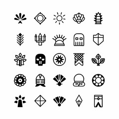 Design a set of detailed icons depicting stylized feathered headdresses and various pieces of armor, suitable for game UI or fantasy setting.