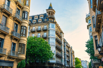 Facades of stately buildings on the promenade of the coastal city of San Sebastian, Basque Country