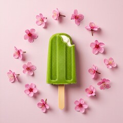 A single bright green matcha popsicle, surrounded by scattered, vibrant pink cherry blossoms. The mouthwatering creamy filling 