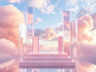 premium quality visual of Front view of transparent podium decorated with pinky cloudy sky background abstract content , high detail, 8k
