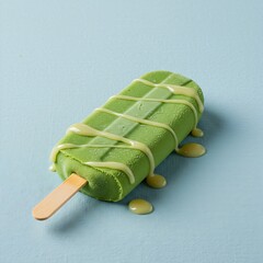  A single bright green matcha popsicle, with a delicate drizzle of condensed milk, highlighting its sweet and mouthwatering creamy filling. 