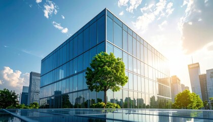 Obraz premium Eco-friendly building in the modern city. Sustainable glass office building with tree
