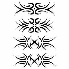Generate a symmetrical design featuring several tribal tattoo icons, full body view, suitable for a tattoo flash sheet.  High detail, sharp lines.
