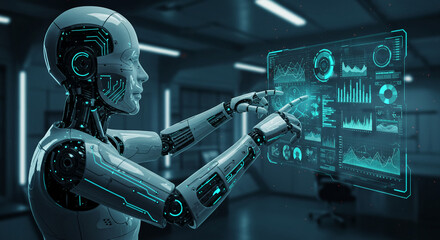 AI Robot Analyzing Data on Futuristic Interface