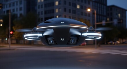 Fototapeta premium Smart AI Surveillance Pod Floating Above City Street