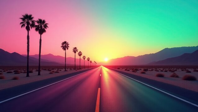 Pink and Teal Sunset Highway Palm Trees Desert Road