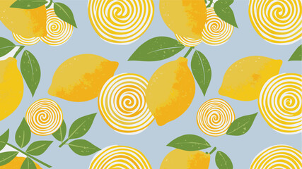 Seamless pattern featuring yellow lemons green leaves and swirl candies on a light blue background design