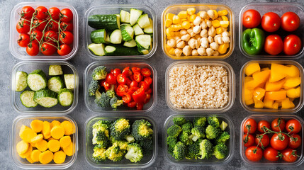 Flat lay of healthy meal prep with vegetables and containers Close-up