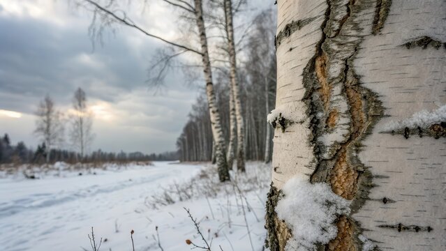 Snow-Covered Birch Tree in a Winter Landscape with Gray Sky