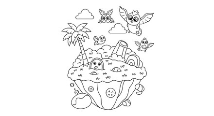 Cute cartoon island coloring page for kids, tropical paradise with birds and palm tree art on transparent background
