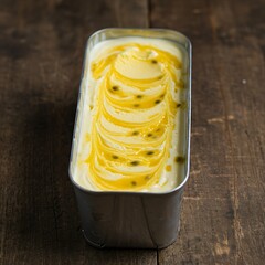 Passion fruit ripple ice cream in a long metal tin, showing the speckled yellow swirls. Rustic wooden background.  