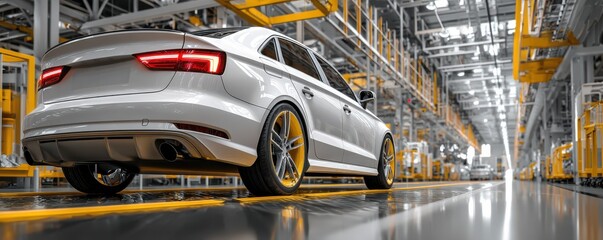 Obraz premium Sleek White Sedan in Modern Automotive Manufacturing Plant with Bright Overhead Lights and Clean Lines on Production Floor