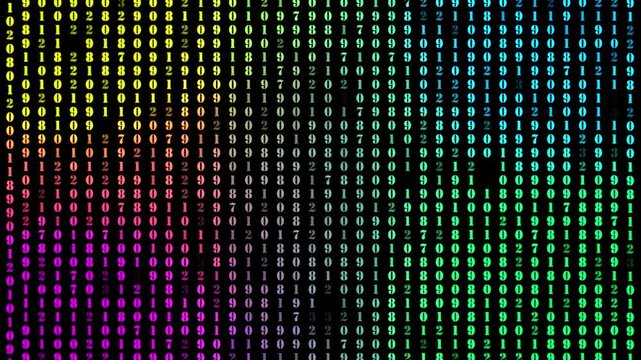 a glowing neon icon, binary, symbol, file, sign, code, animation video on black background 