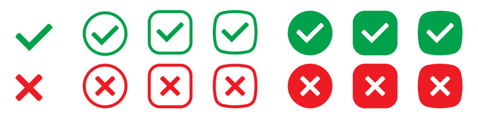 Right or wrong icons. Green tick and red cross checkmarks flat icons. Yes or no symbol, approved or rejected icon for user interface.