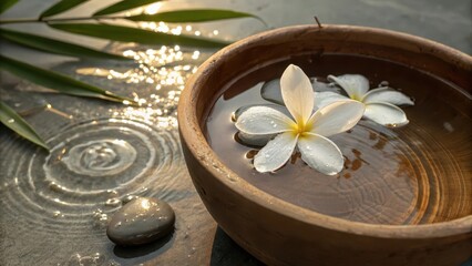 Fototapeta premium Tranquil Water Bowl With White Flowers And Stones On Serene Surface