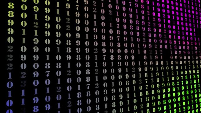 a glowing neon icon, binary, symbol, file, sign, code, animation video on black background 
