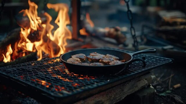 Meat Cooking in Pan Over Open Fire at Campsite