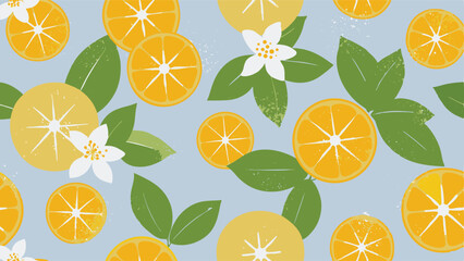 A pattern featuring orange and lemon slices with leaves and white flowers on a light blue background