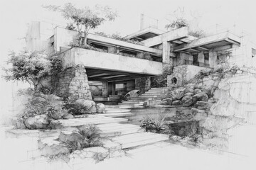 Fototapeta premium pencil sketch of luxury villa architectural concept