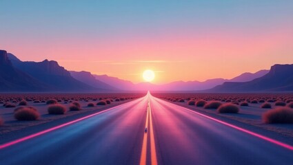 Naklejka premium Pink Sunset Highway Desert Road Landscape image 1