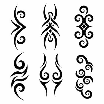 Design a set of iconic Polynesian tribal tattoo symbols;  include diverse patterns, geometric shapes, and traditional motifs.  High resolution, vector format preferred.