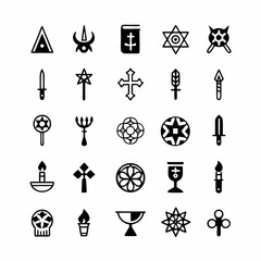 Design a set of detailed icons depicting ritualistic weapons and artifacts from various cultures.  Include swords, masks, skulls, amulets, and staffs.
