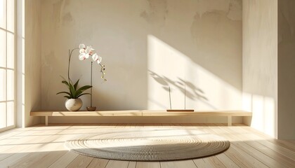 Serene Meditation Room with Incense, Orchid, and Soft Morning Light