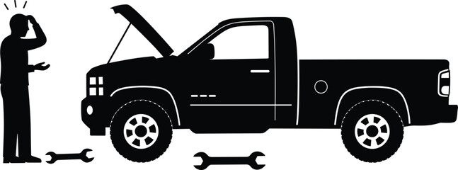 Silhouette of man stressed over broken pickup truck, open hood, repair tools on ground, black and white vector illustration, vehicle trouble, mechanical issue © Titan