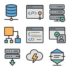 Backend Development Icons. Flat icon set of backend development: database connection, API endpoint, server