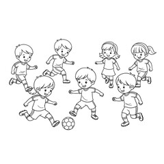 Children playing soccer coloring page vector illustration for kids activity book design on transparent background