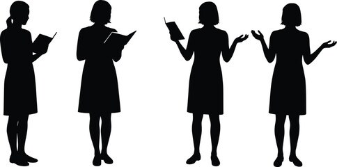 Silhouette of woman reading book, public speaking, presenting information, standing pose, storytelling gesture, black and white vector art, communication, education, literature scene.