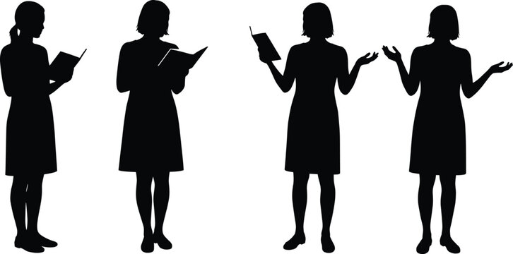 Silhouette of woman reading book, public speaking, presenting information, standing pose, storytelling gesture, black and white vector art, communication, education, literature scene.