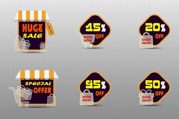 Set of sale and discount labels with gift boxes, shopping bags and storefront icons.