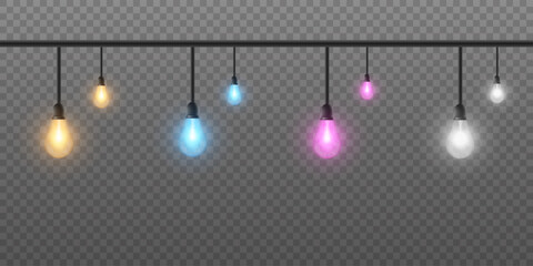 Christmas lights isolated on transparent background for cards, banners, posters, web design.