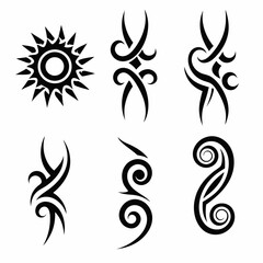 Design a set of tribal-style icons depicting the sun and moon, emphasizing geometric patterns and symbolic representation.  Include variations in style and color palettes.