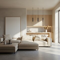 Modern minimalist living room with open kitchen