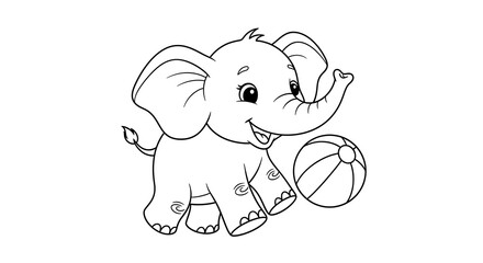 Elephant coloring page for kids, cute baby elephant playing with ball, printable outline art on transparent background