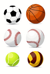 Various sports balls including soccer, basketball, baseball, tennis  