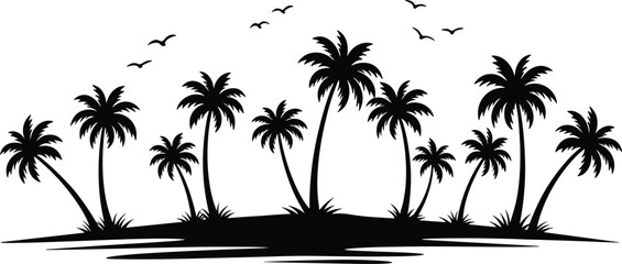 Fototapeta premium Tropical island silhouette with palm trees, ocean shore view, exotic landscape, birds flying, nature scene, summer beach paradise, black and white illustration, vacation vibe