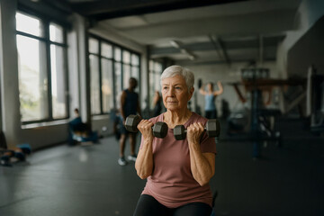 Senior woman training with dumbbells in gym