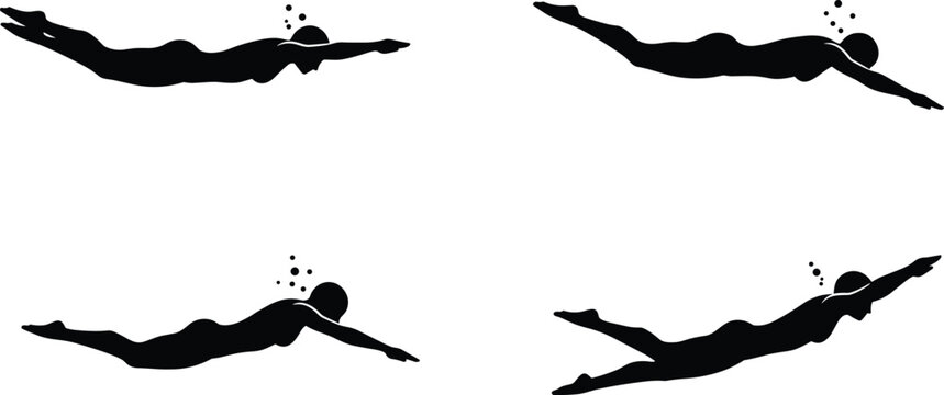 Underwater swimmer silhouette illustration, man and woman diving poses, swimming vector graphic, black and white design for aquatic sport, health, lifestyle, and fitness concept.