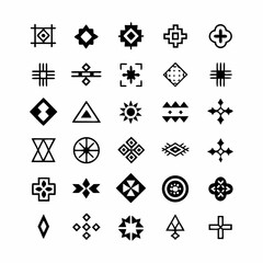 Create a collection of vector icons depicting traditional tribal tattoo symbols, emphasizing diverse cultural origins and stylistic variations.  Include both geometric and figurative designs.