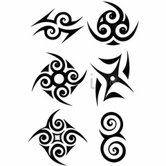 Design a series of tribal-inspired symbols depicting hybrid creatures, blending animalistic features with abstract shapes.  Incorporate strong lines and bold colors.