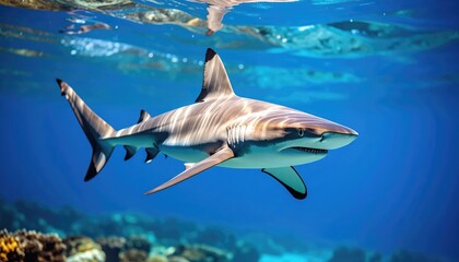 Fototapeta premium Grey Reef Shark: Underwater Elegance in Vibrant Blues