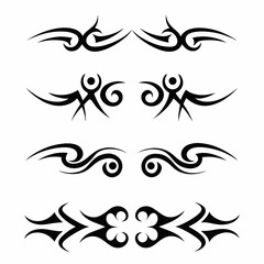 Design a set of tribal demon mask tattoo icons;  fierce, stylized, diverse expressions, varying details.  High resolution, vector format.