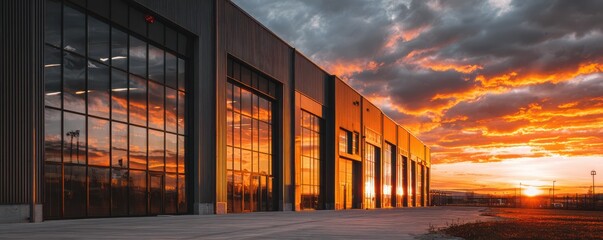 Fototapeta premium Modern Industrial Building at Sunset with Vibrant Clouds Reflecting on Large Windows in a Business District Setting