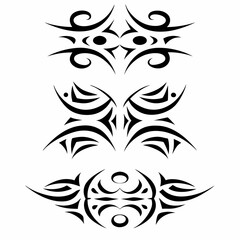 Create a set of vector icons depicting tribal masks and war face paint designs, showcasing diverse cultural styles.  Ensure high detail and sharp lines.