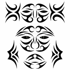 Design a set of vibrant icons depicting tribal masks and fierce war face tattoos, showcasing diverse cultural styles.