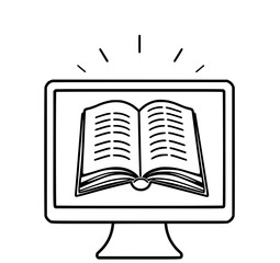 eBook on Computer Screen: A simple line art illustration shows an open book displayed on a computer monitor, symbolizing digital reading and e-learning.