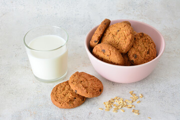 oatmeal Cookies in pink bowl and a glass of Milk on gray background